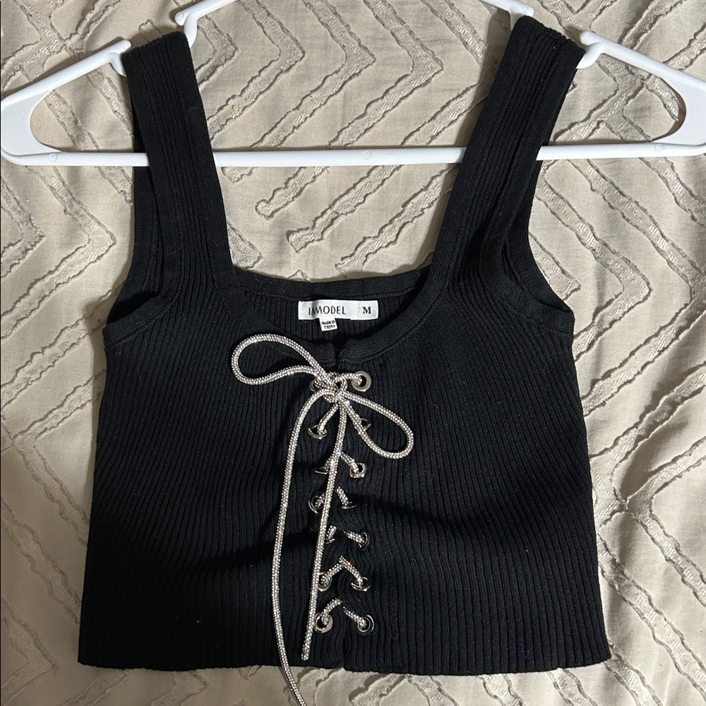 Black Lace-Up Ribbed Crop Top